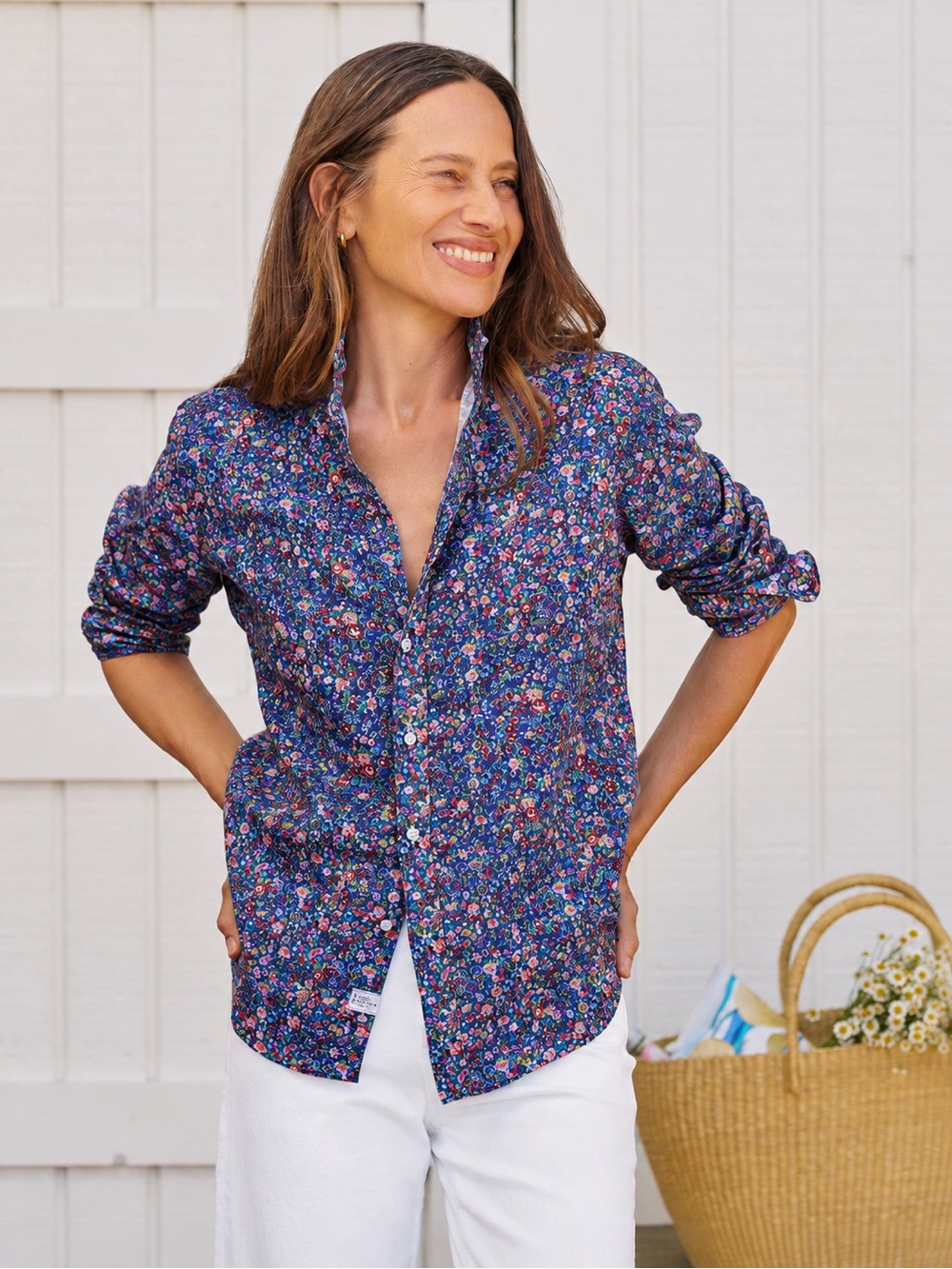 Frank & Eileen Eileen Italian Cotton Floral Button Up Shirt Blue Multicolor L